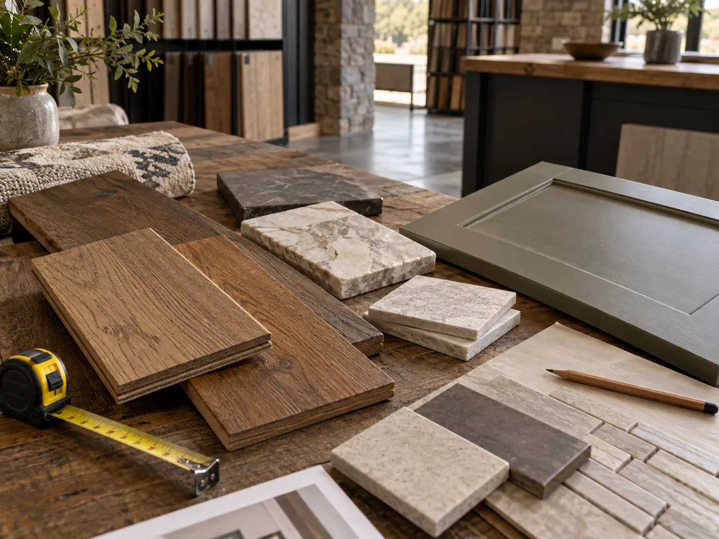 Wood, cabinet, stone, and tile samples arranged for a project consultation