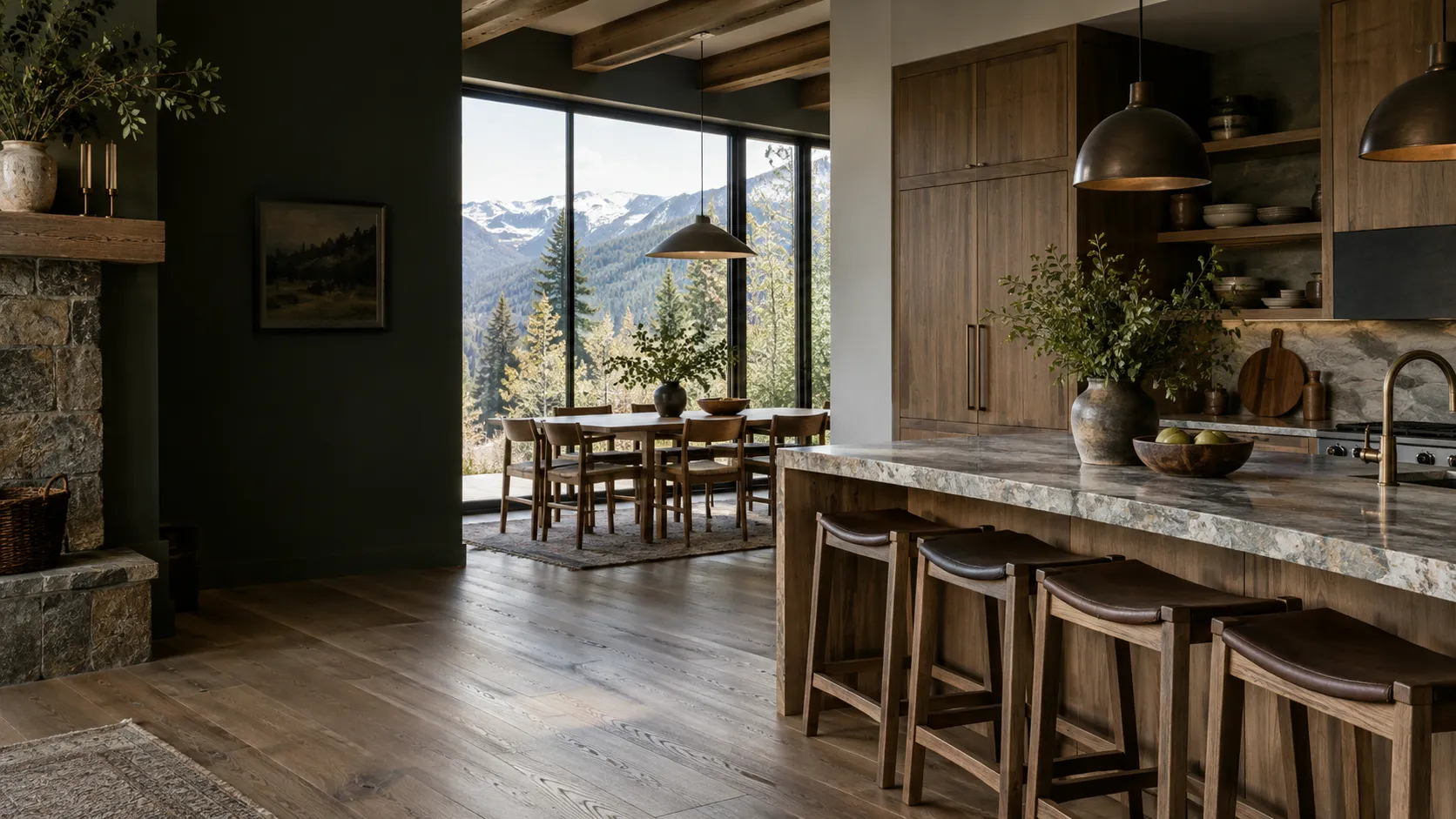 A mountain home interior with wide-plank wood floors and warm wood cabinetry